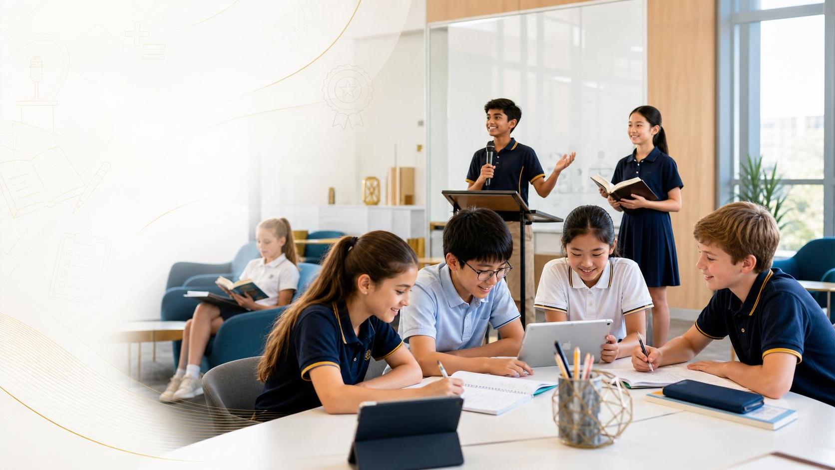 Students learning public speaking, maths and English at Gmall5 Education