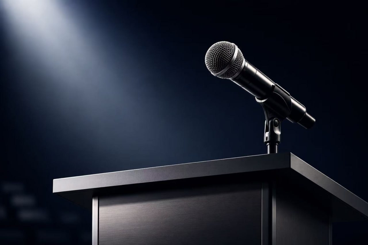 Public speaking podium and microphone